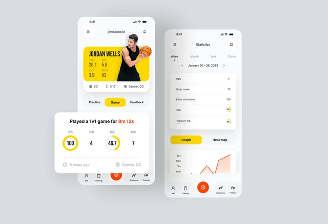 Mobile UI design for a basketball tracker app showing player stats and analytics dashboard