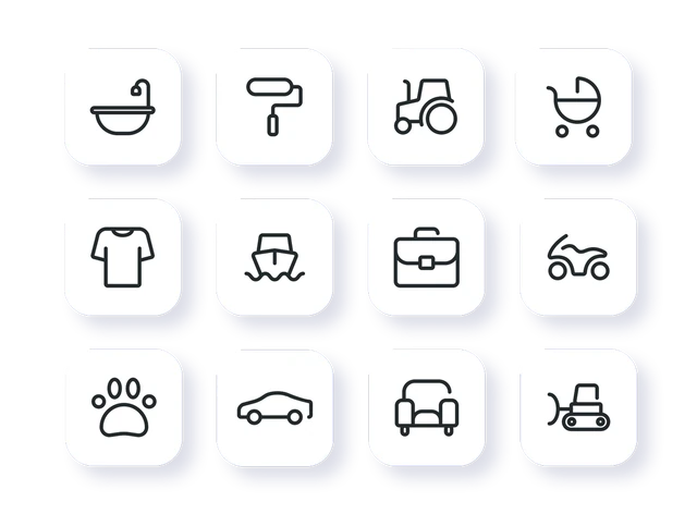Custom UI icon set designed for a C2C platform including categories menus tasks events profiles and badges
