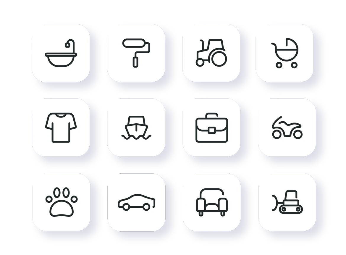 Custom UI icon set designed for a C2C platform including categories menus tasks events profiles and badges