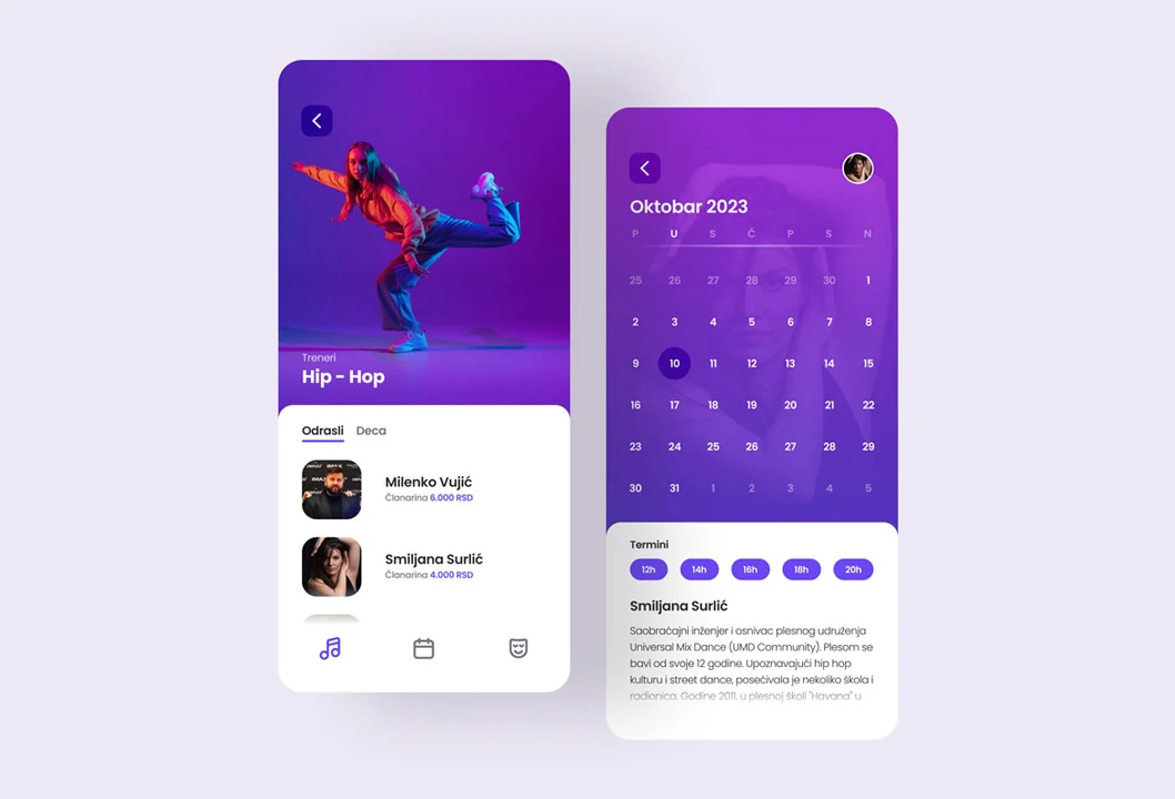 Mobile UI design for a dance school app with class booking and schedule interface