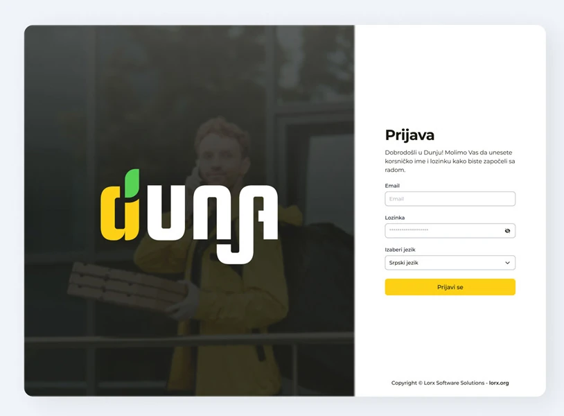 Login interface with language selection for Dunja delivery platform