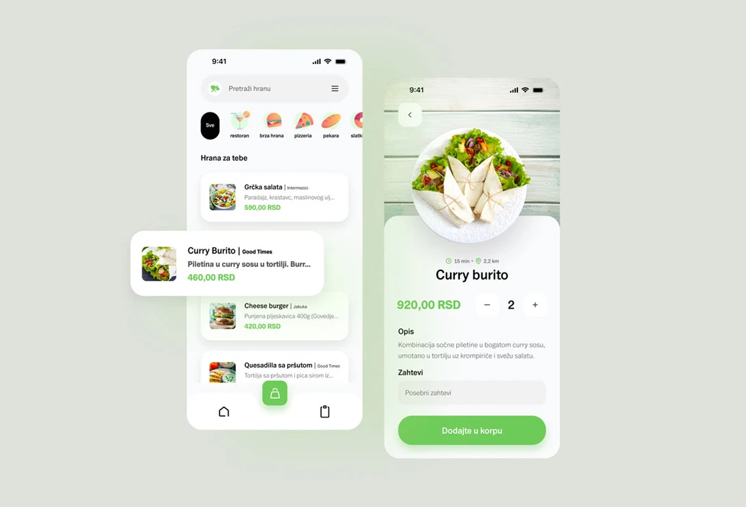 Mobile UI design for a food delivery app showing meal browsing and order interface