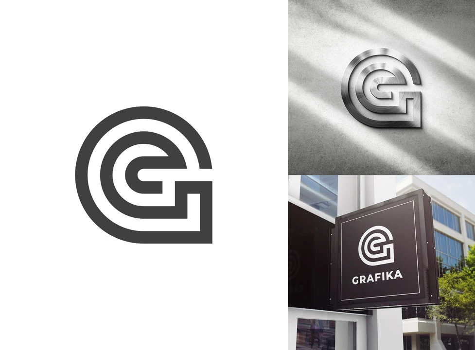 Logo design for Grafika print studio combining letter G and location pin symbol