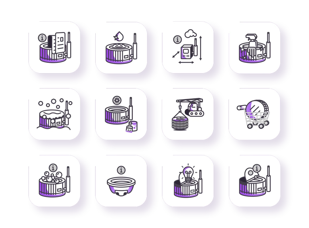 Custom line icon set designed for Hot Tube Zoho Desk knowledge base interface