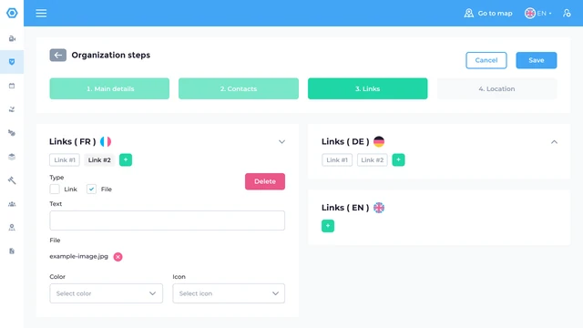 Organization setup interface for managing multilingual links in admin dashboard