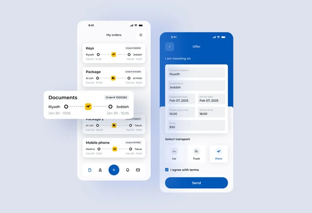 Mobile UI design for peer-to-peer logistics delivery app with package tracking and transport offers
