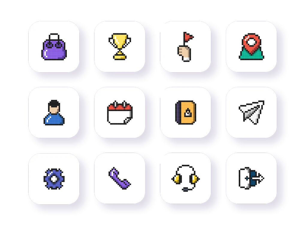 Pixel art style UI icon set designed for mobile app navigation and service menu