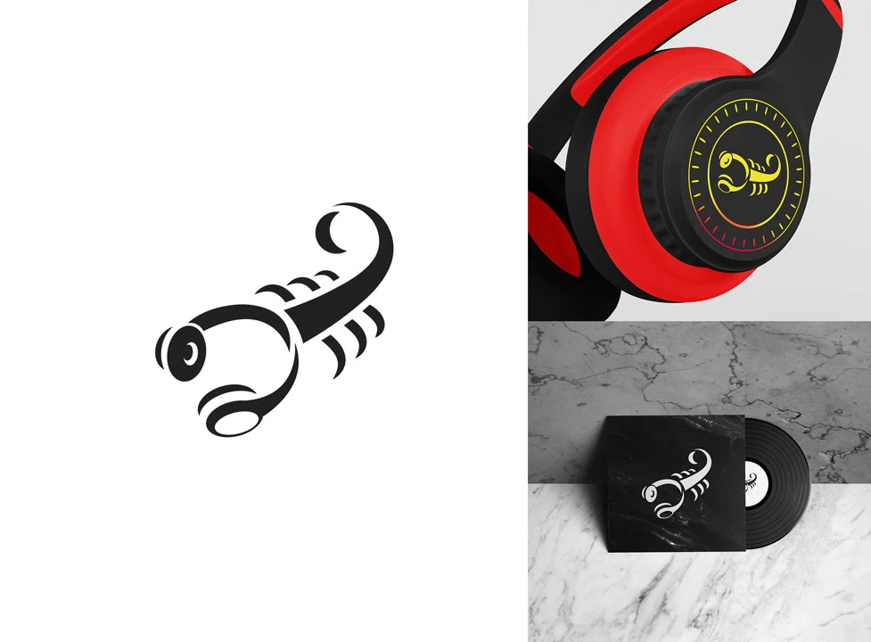 Logo concept for Scorpion Sound audio and music branding featuring scorpion headphones symbol